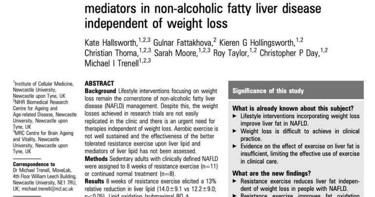 Resistance exercise reduces liver fat and its mediators in non-alcoholic fatty liver disease independent of weight loss